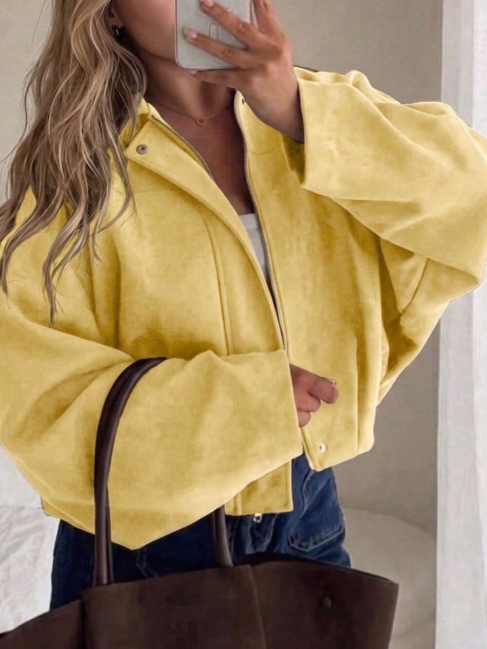 Yellow Casual Women's Button Front Kimono Sleeve Regular Fit Faux Suede Jacket